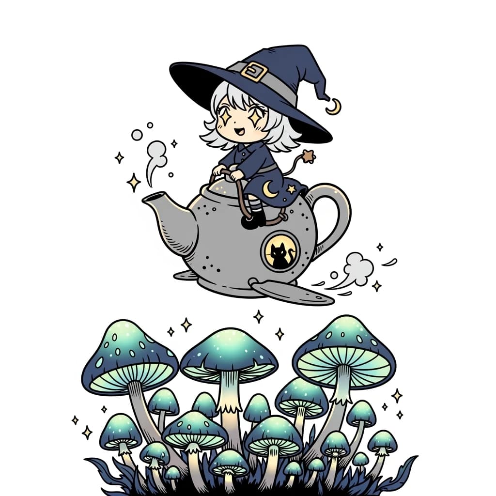 A tiny witch rides a teapot over glowing mushrooms, a bit chibi, thick lines.
