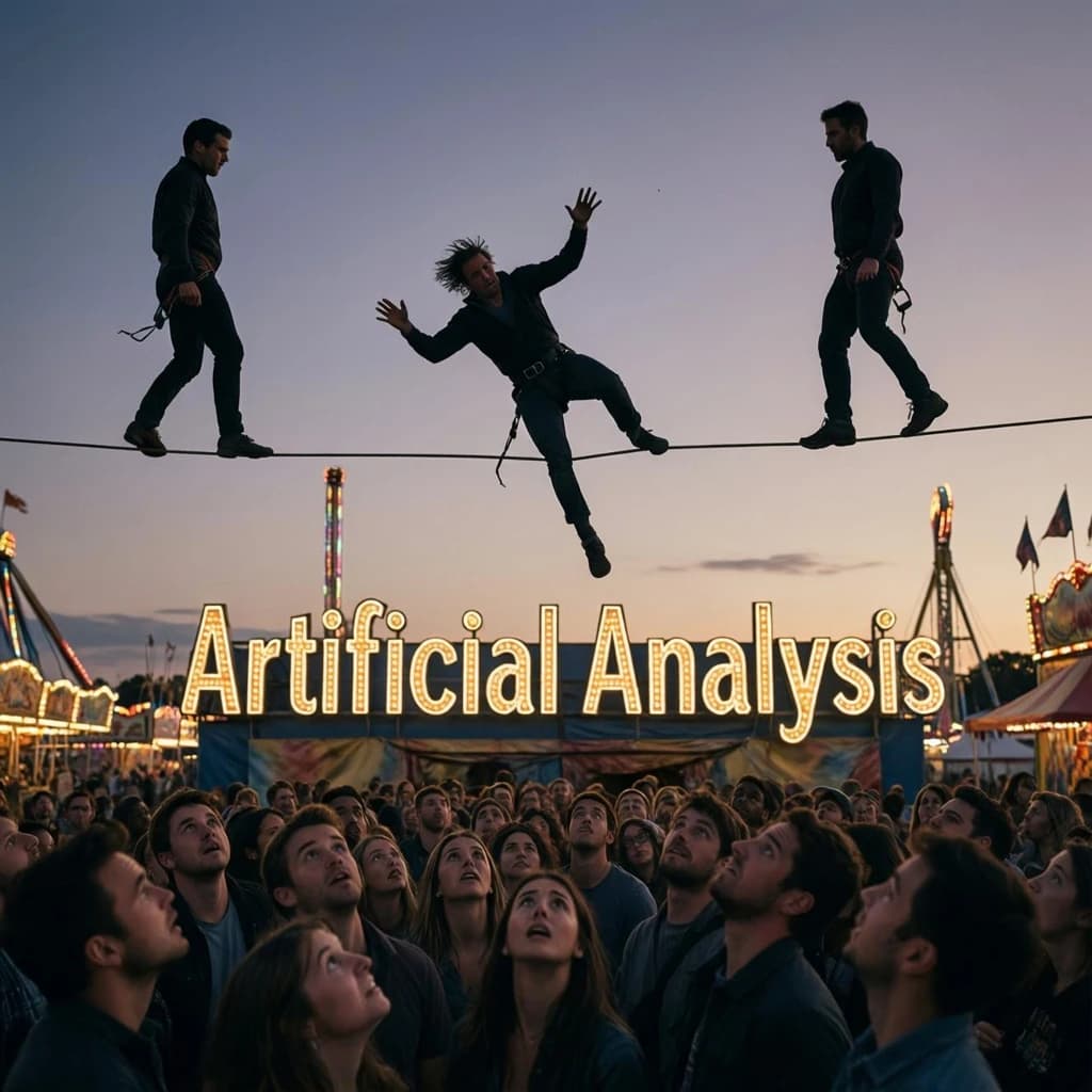 At dusk, high above a carnival crowd, three tightrope walkers balance on a single rope with no aids, one is off balance and grabbing at air. Below, the audience looks upward with baited anticipation. Artificial Analysis is spelled out in the background in carnival lights