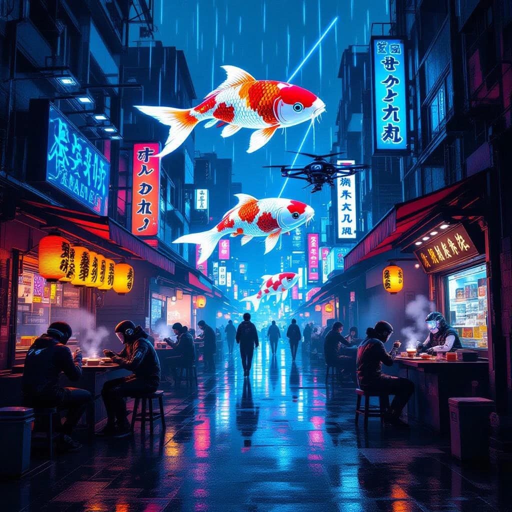 A neon alley in Neo-Tokyo 2142 drips with rain Cybernetic patrons slurp ramen at a stall with their glowing implants humming with blue light. Three giant holographic koi hover 10 metres above the ground and swim across the skyline, one has clipped into a building. A six-prop drone hovers nearby, projecting "Artificial Analysis" onto a wall with blue laser beams visible