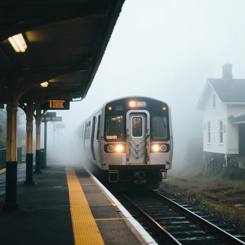 A commuter train enters a foggy little station.