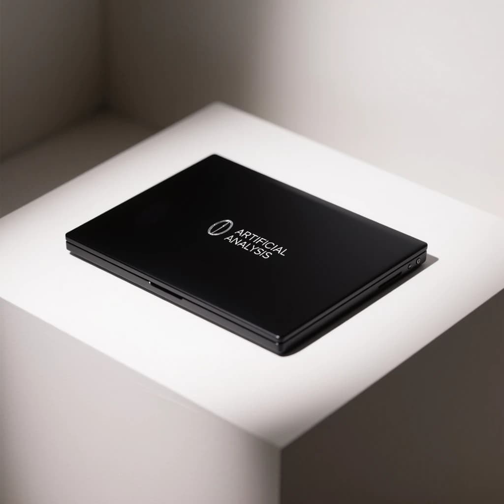 A premium matte black laptop-sized box rests on a pure white pedestal within a gallery space. Overhead, a single spotlight carves sharp contrast, leaving the edges in deep shadow. The brand name Artificial Analysis is embossed in silver foil, glinting faintly as though it were jewelry.