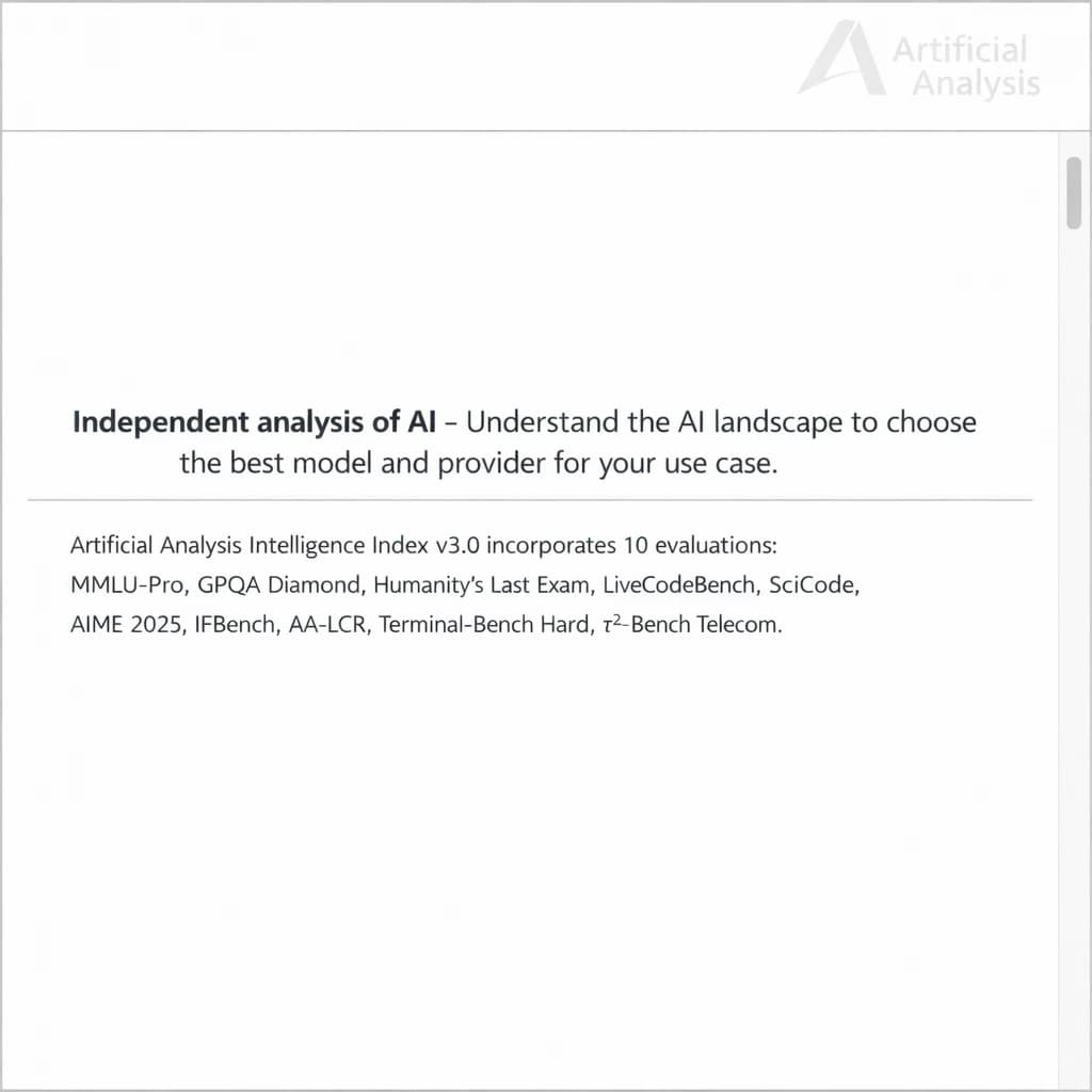 On a white dashboard with thin gray dividers, place a centered header in Helvetica Neue Bold, 20pt: “Independent analysis of AI - Understand the AI landscape to choose the best model and provider for your use case.” Directly beneath, a subheader in smaller Regular weight, 14pt: “Artificial Analysis Intelligence Index v3.0 incorporates 10 evaluations: MMLU-Pro, GPQA Diamond, Humanity's Last Exam, LiveCodeBench, SciCode, AIME 2025, IFBench, AA-LCR, Terminal-Bench Hard, 𝜏²-Bench Telecom.” The header is fully justified but the subheader is left-aligned. In the upper right corner, the Artificial Analysis logo appears watermarked, diagonal, faint gray, partially overlapping the scrollbar.