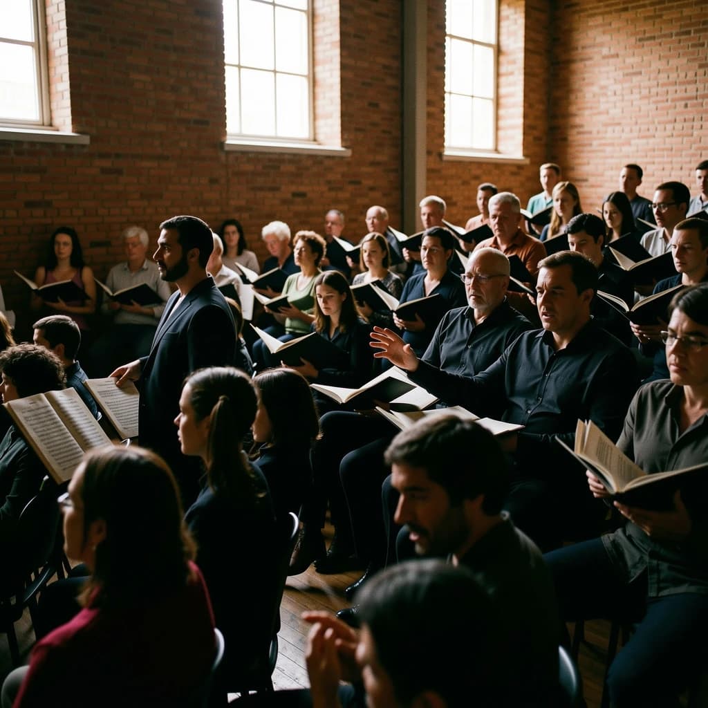A choir rehearses in a brick hall as somewhat dramatic morning light falls through high windows, with a patient conductor mid-gesture, open scores, intent faces, slight motion blur.