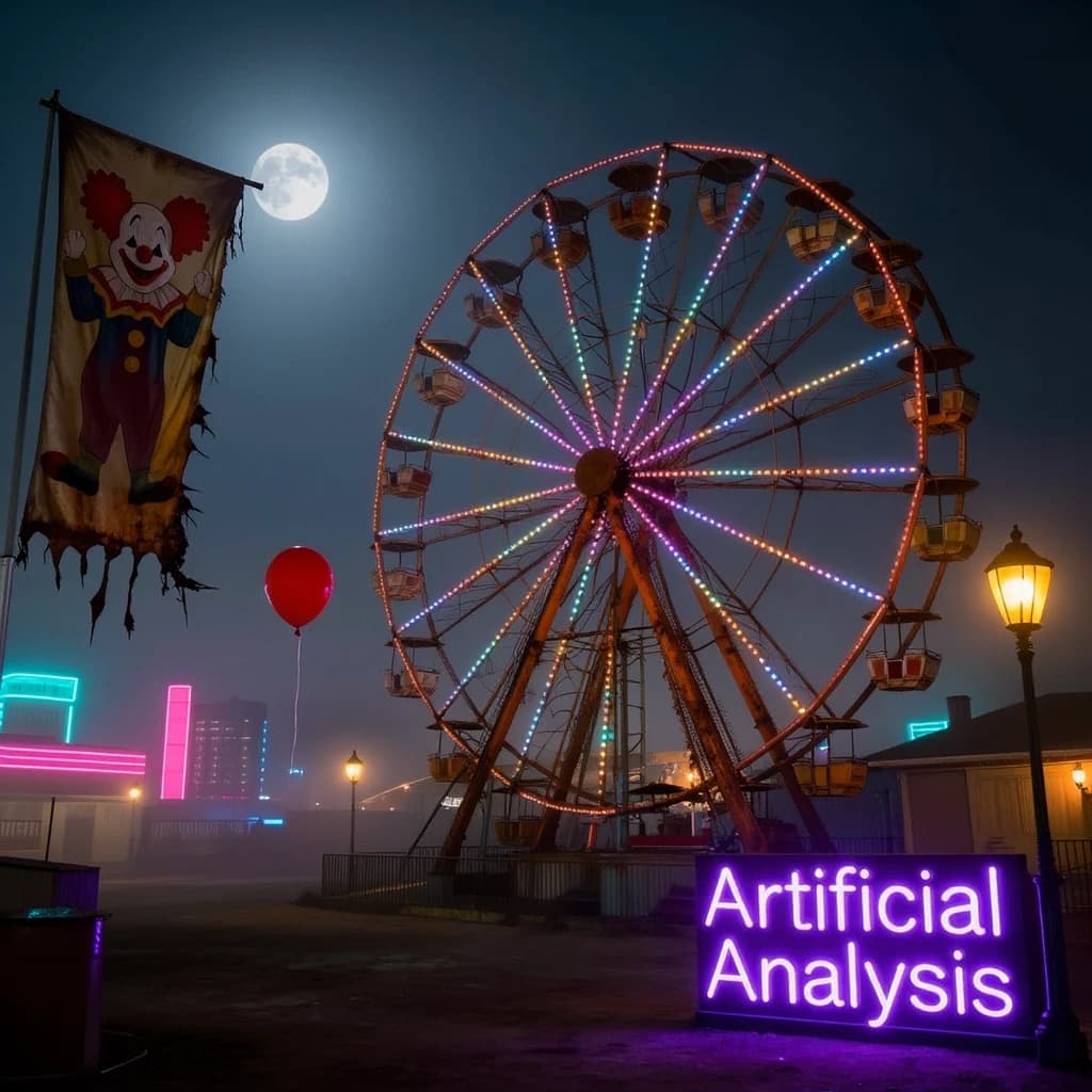 A deserted amusement park glows faintly under a half-moon. The ferris wheel is rusting yet strung with fresh, blinking LED lights. A torn clown banner flaps in a windless air. A lone balloon floats upward, tethered to nothing, while in the far distance city lights flicker on - some neon, some gas lamps as though from another century. 'Artificial Analysis' glows in neon