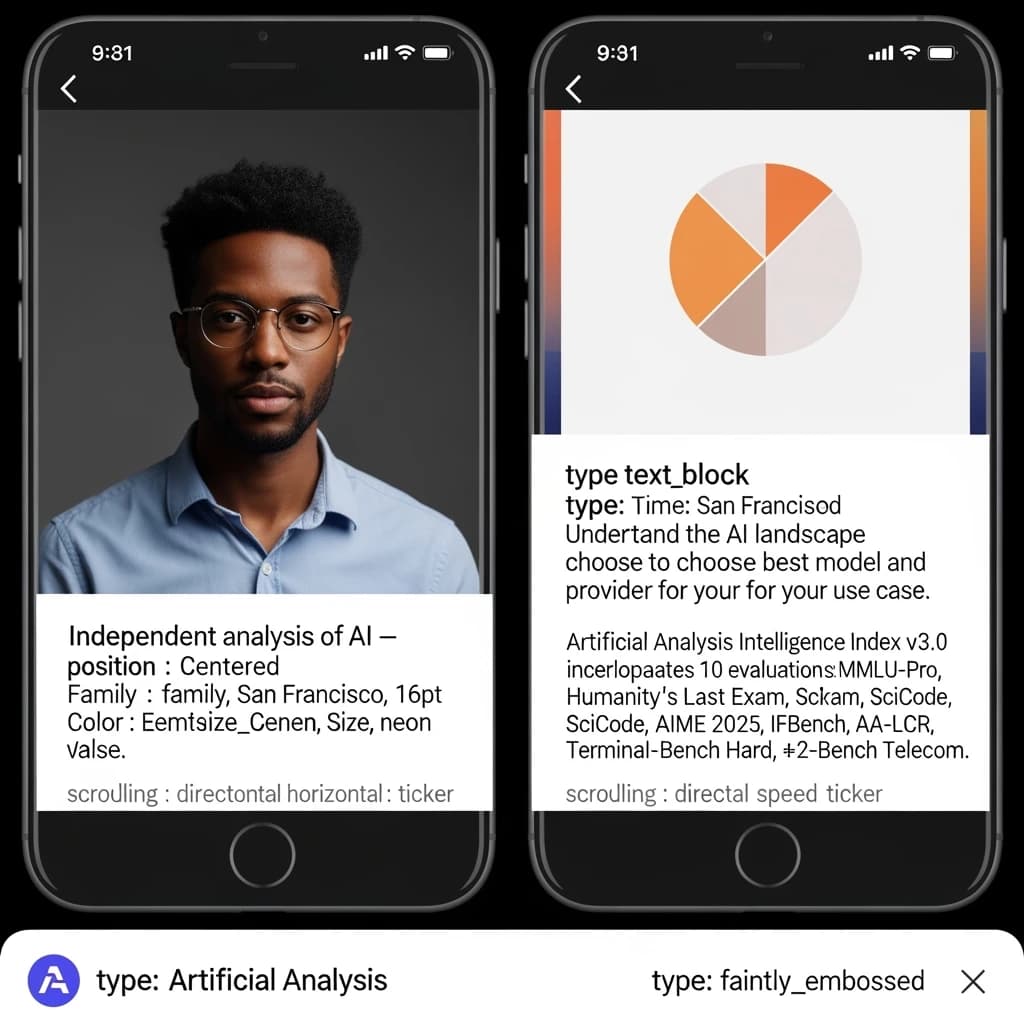 On a black smartphone UI with rounded corners, display a centered text block in white San Francisco font, 16pt: “Independent analysis of AI - Understand the AI landscape to choose the best model and provider for your use case.” Below, in neon cyan, monospace font, smaller size: “Artificial Analysis Intelligence Index v3.0 incorporates 10 evaluations: MMLU-Pro, GPQA Diamond, Humanity's Last Exam, LiveCodeBench, SciCode, AIME 2025, IFBench, AA-LCR, Terminal-Bench Hard, 𝜏²-Bench Telecom.” The second block scrolls horizontally as a ticker. The battery icon in the status bar shows 54%. The Artificial Analysis logo appears faintly, embossed into the bottom navigation bar.