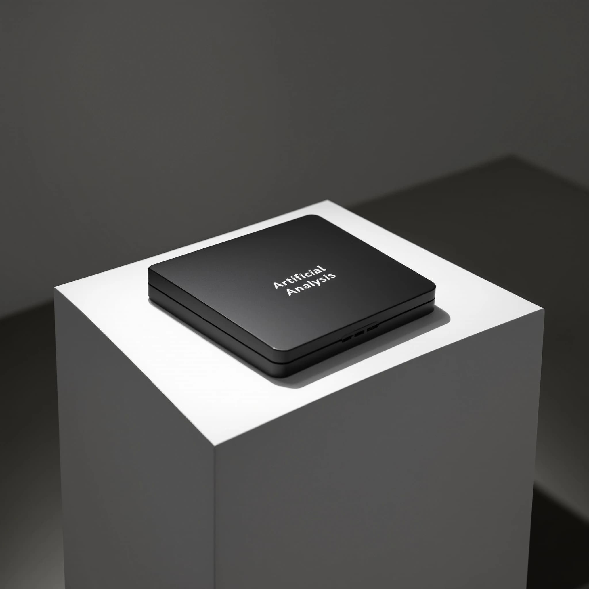 A premium matte black laptop-sized box rests on a pure white pedestal within a gallery space. Overhead, a single spotlight carves sharp contrast, leaving the edges in deep shadow. The brand name Artificial Analysis is embossed in silver foil, glinting faintly as though it were jewelry.