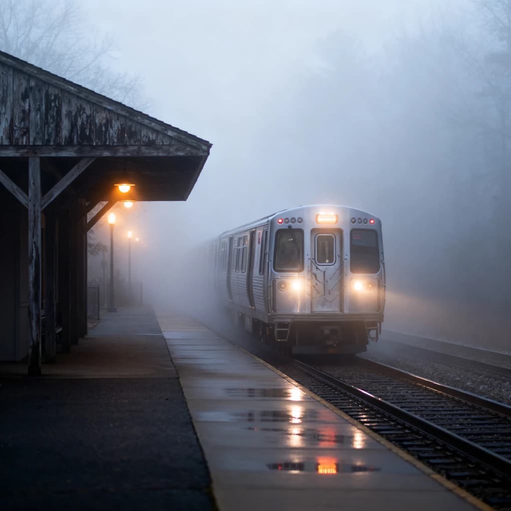 A commuter train enters a foggy little station.