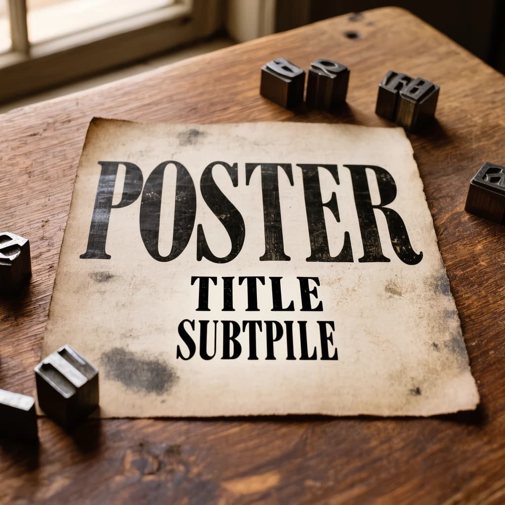 A vintage letterpress poster on a wooden desk: bold slab serif headline, tight kerning, misregistered ink, slightly worn edges, scattered metal type, soft window light.