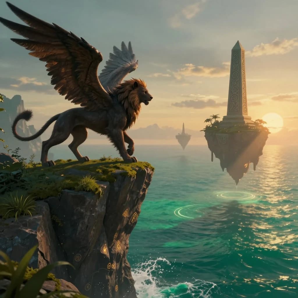 At dawn, a winged griffin lands on a mossy cliff above a jade sea beside a runed obelisk; floating isles drift under golden sunbeams, with a bit of sea spray and glowing runes.