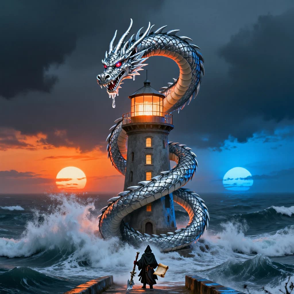 A dragon of molten silver coils around a lighthouse. The storming sea below crashes upward in frozen stillness, as though caught mid-motion. The dragon’s molten eyes drip tears of ice. On the horizon, two suns set next to each other, casting orange light on one side of the tower and blue on the other. A cloaked traveler carries an ancient weapon in his left hand and a scroll in his right.