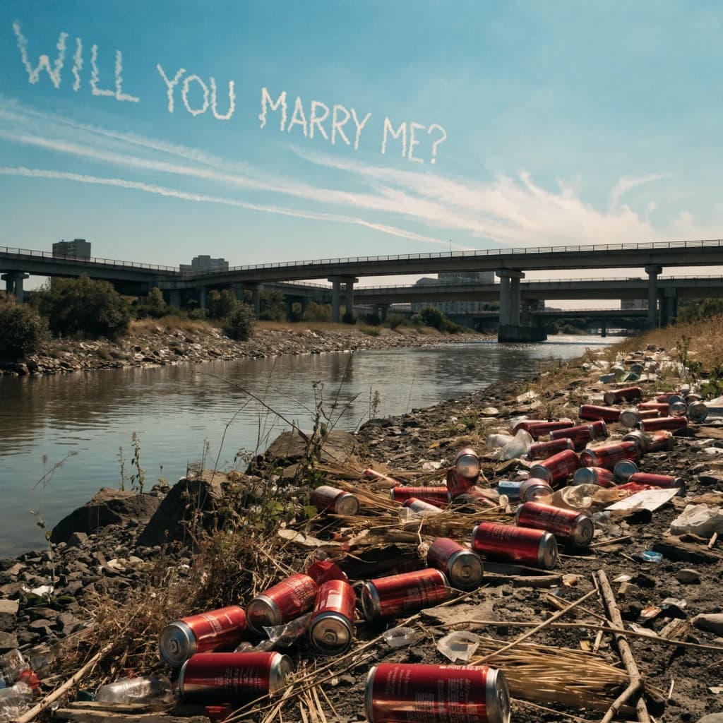 Red soda cans and other garbage sit strewn across the bank of an urban river only a few metres wide. Concrete overpasses criss cross overhead on a bright and sunny day. Fading skywriting proposes marriage