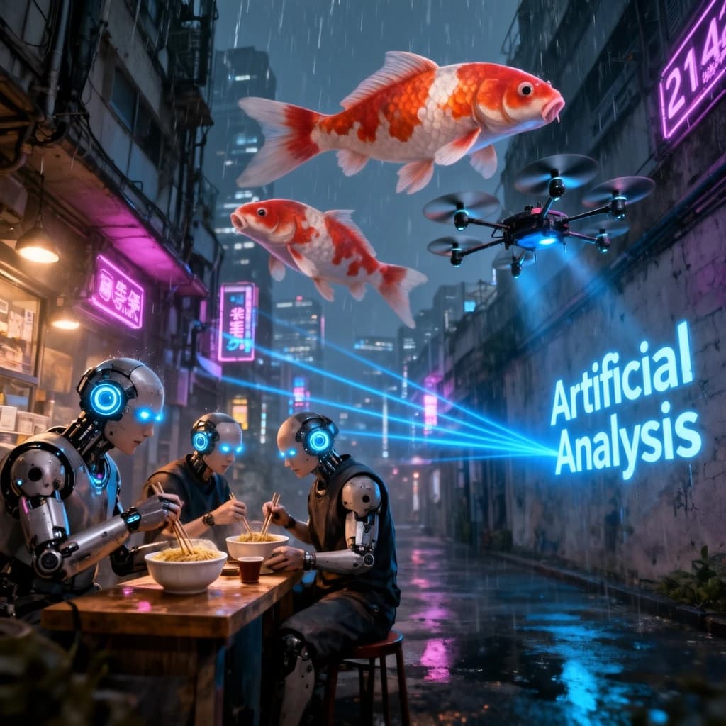 A neon alley in Neo-Tokyo 2142 drips with rain Cybernetic patrons slurp ramen at a stall with their glowing implants humming with blue light. Three giant holographic koi hover 10 metres above the ground and swim across the skyline, one has clipped into a building. A six-prop drone hovers nearby, projecting "Artificial Analysis" onto a wall with blue laser beams visible