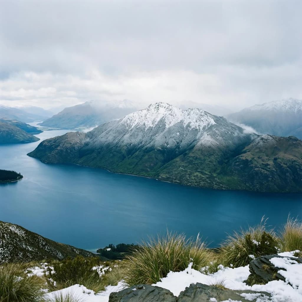 Queenstown's Lake Wakatipu, viewed from the top of Queenstown Hill after a snowstorm just dusted the top of Cecil's Peak