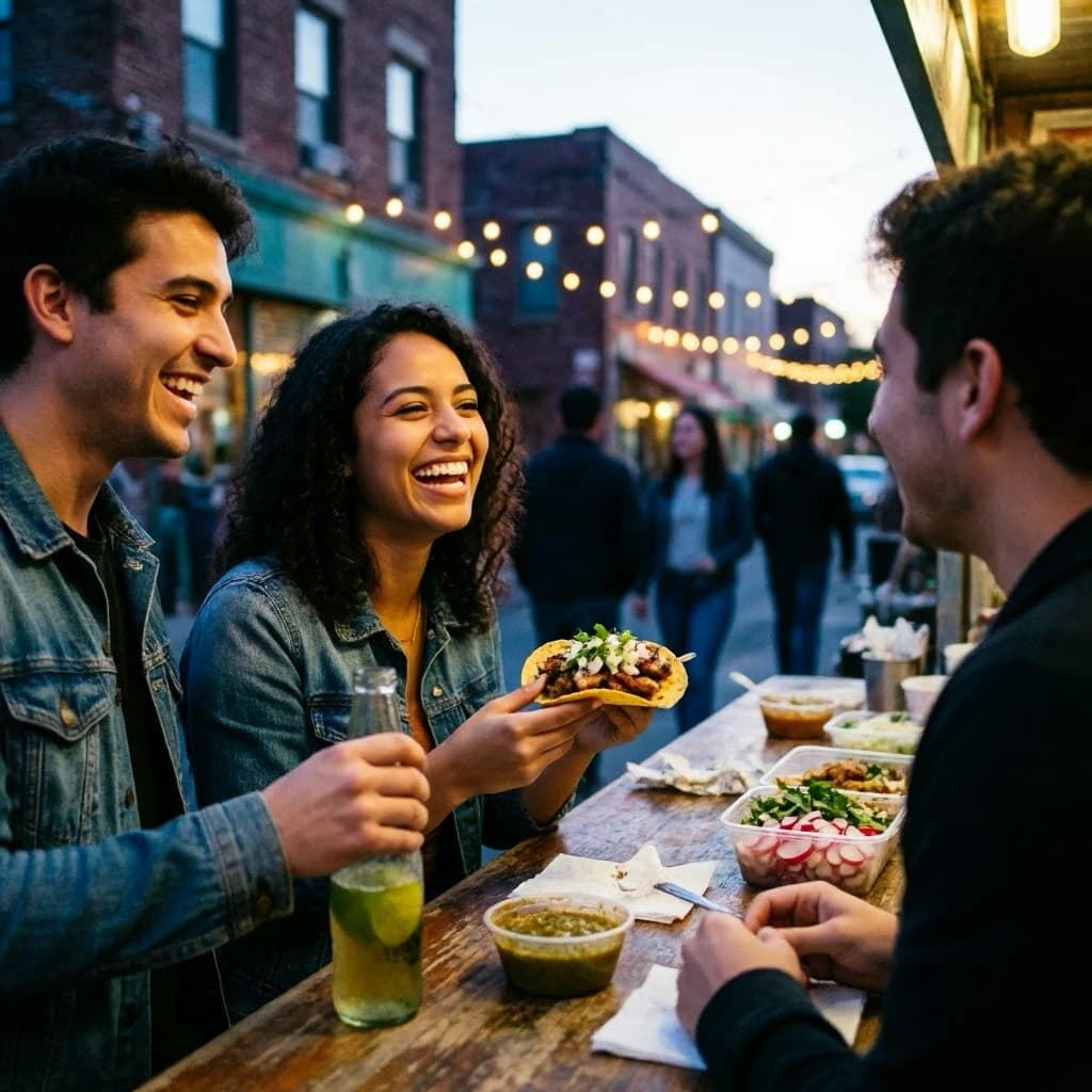 Friends laugh over street tacos at dusk, candid, shallow depth.