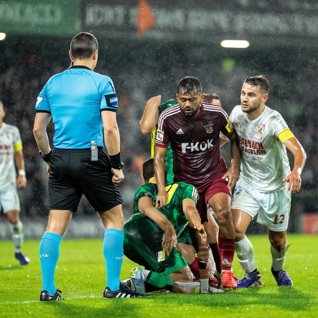 The soccer player clashes with the ref. It is thick and humid and the heat is getting to the players. His friend tries to pull him off before he causes any more trouble.