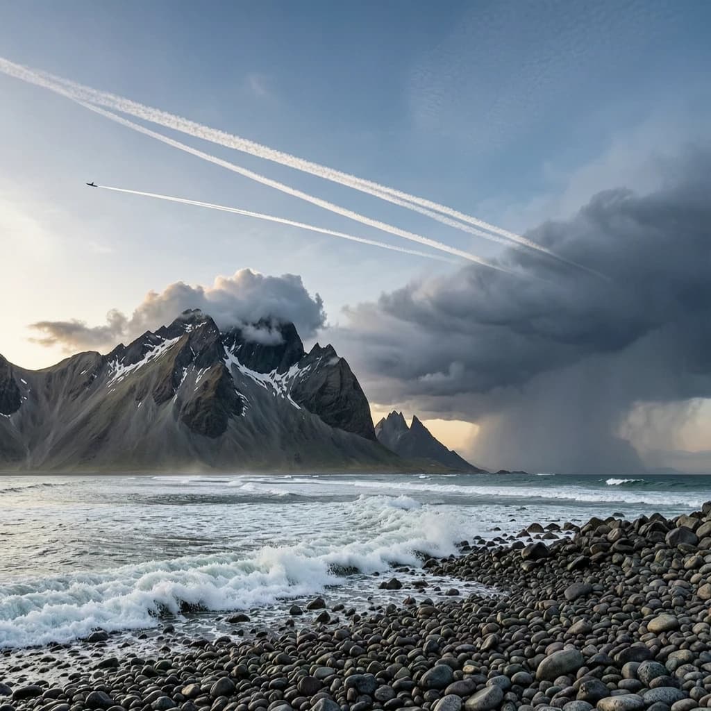 A stunning mountain vista pokes through the cloud top. Contrails from a distant airplane linger in the air. In the foreground there is a stony beach with foamy seas. A thunder storm is visibile in the distant right.