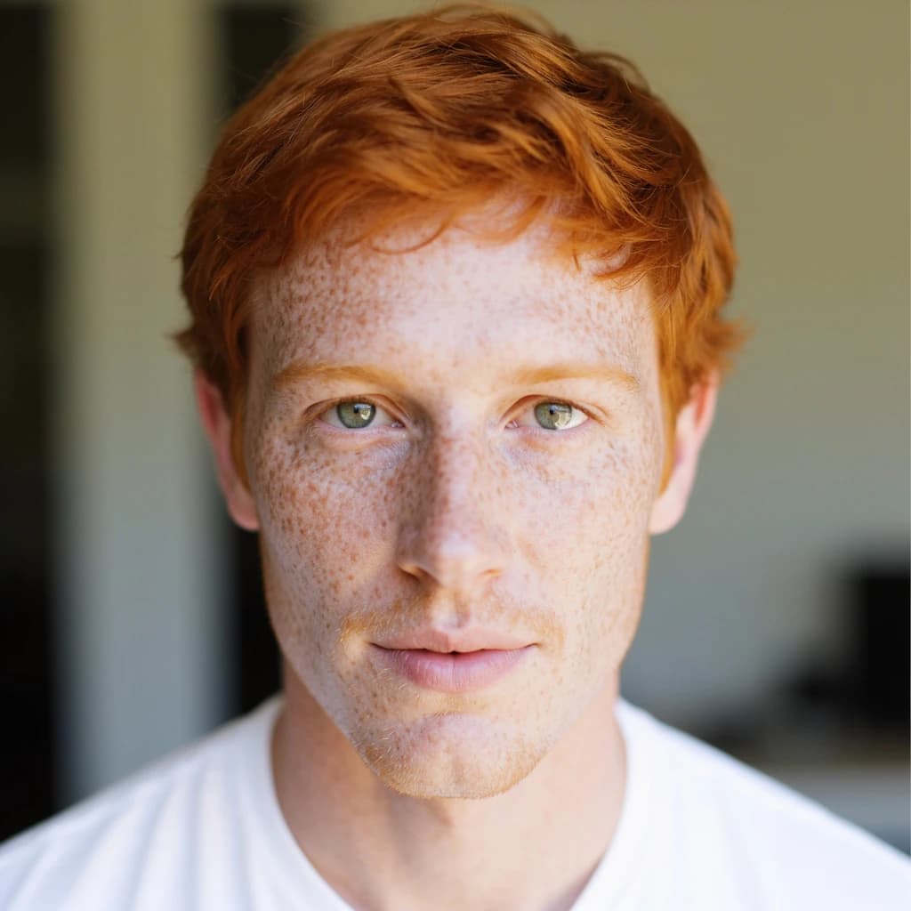 Shoot a natural light headshot of a red-haired man with freckles, green eyes.