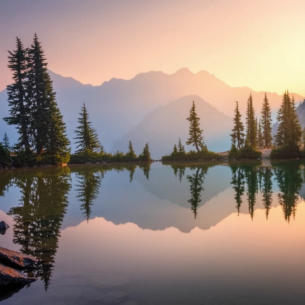I want a photo of a misty alpine lake at dawn, pines, glassy water, warm light.