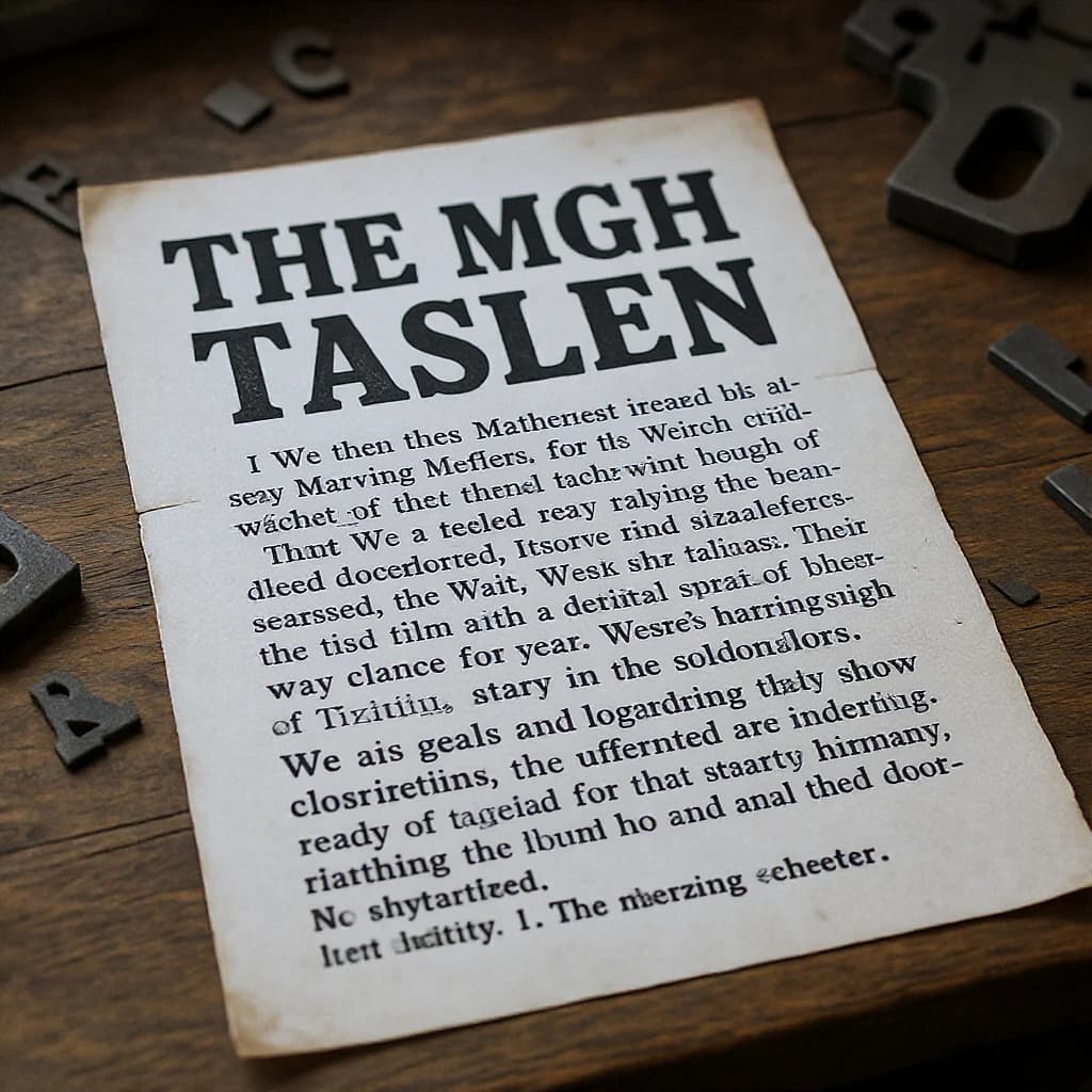 A vintage letterpress poster on a wooden desk: bold slab serif headline, tight kerning, misregistered ink, slightly worn edges, scattered metal type, soft window light.