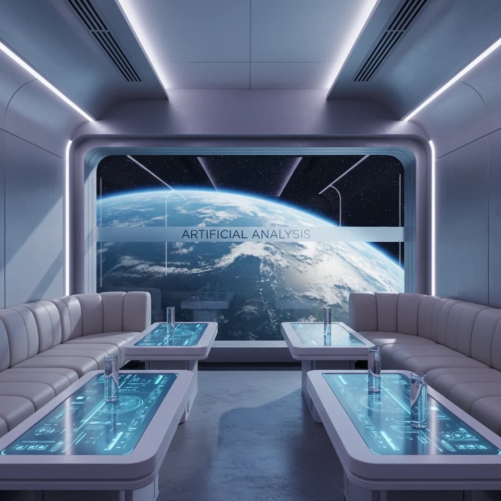 The orbital lounge has brushed aluminum walls and pale leather banquettes. Low white tables are inset with glowing touchscreens. Drinks are clear, flavorless, in tall unmarked glasses. The viewport is floor-to-ceiling, showing Earth moving slowly beneath. The word Artificial Analysis is etched discreetly on the glass in a frosted band.