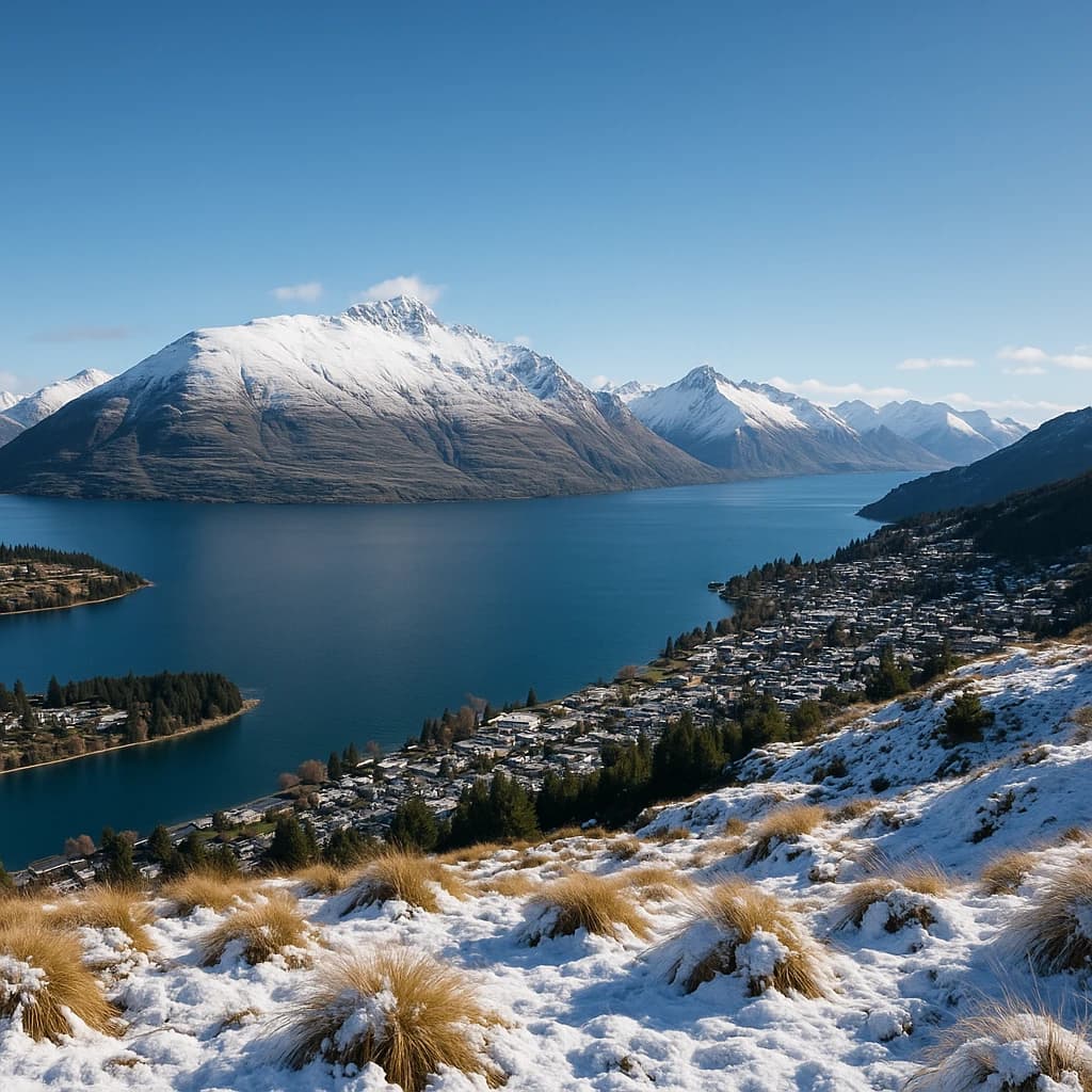Queenstown's Lake Wakatipu, viewed from the top of Queenstown Hill after a snowstorm just dusted the top of Cecil's Peak