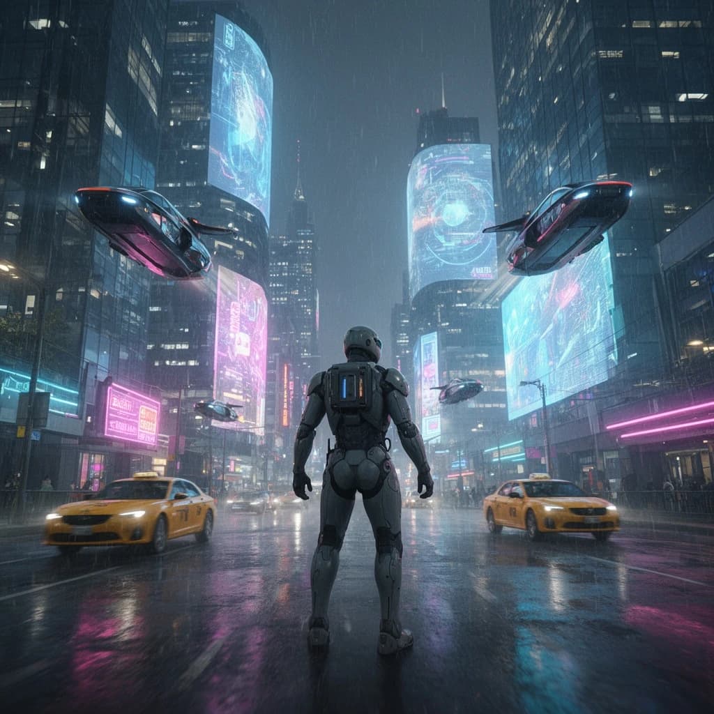 Rain-soaked neon megacity at night, flying taxis weave between glass towers, giant holograms flicker; a lone courier in a matte exosuit, somewhat cinematic wide angle.