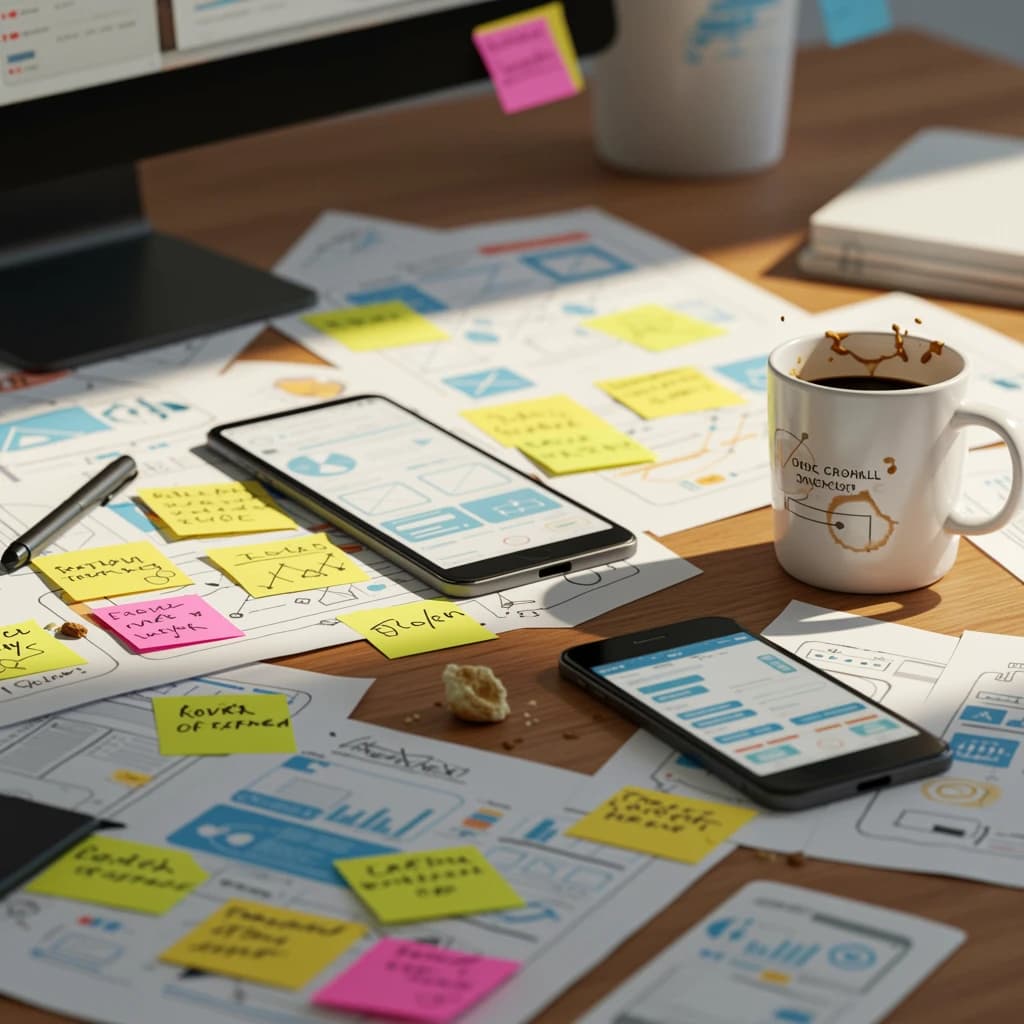 Close-up photo shows a messy desk, wireframes, sticky notes, mobile mockup, mug.