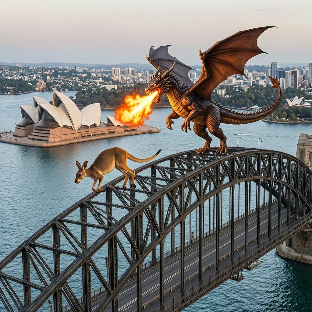 A dragon breathes fire at a kangaroo that is running away by climbing over the top of the Sydney Harbour Bridge. Opera House visible in the background.
