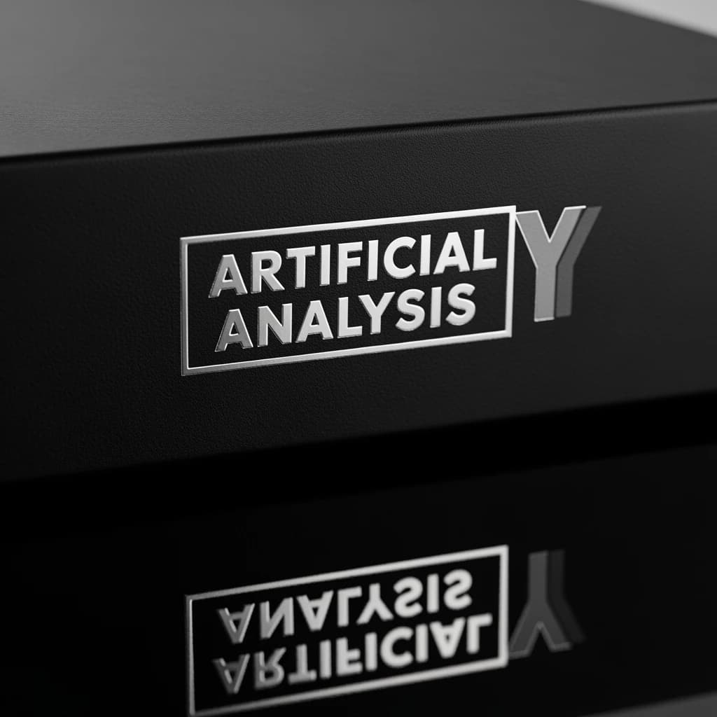 On the black box, silver foil embossing, centered: "Artificial Analysis" in Comic Sans Small Caps, perfectly justified. The letters are crisp, but the “Y” is duplicated faintly, ghosting right. On the box’s reflection, the word order is inverted: ARTIFICIAL ANALYSIS.
