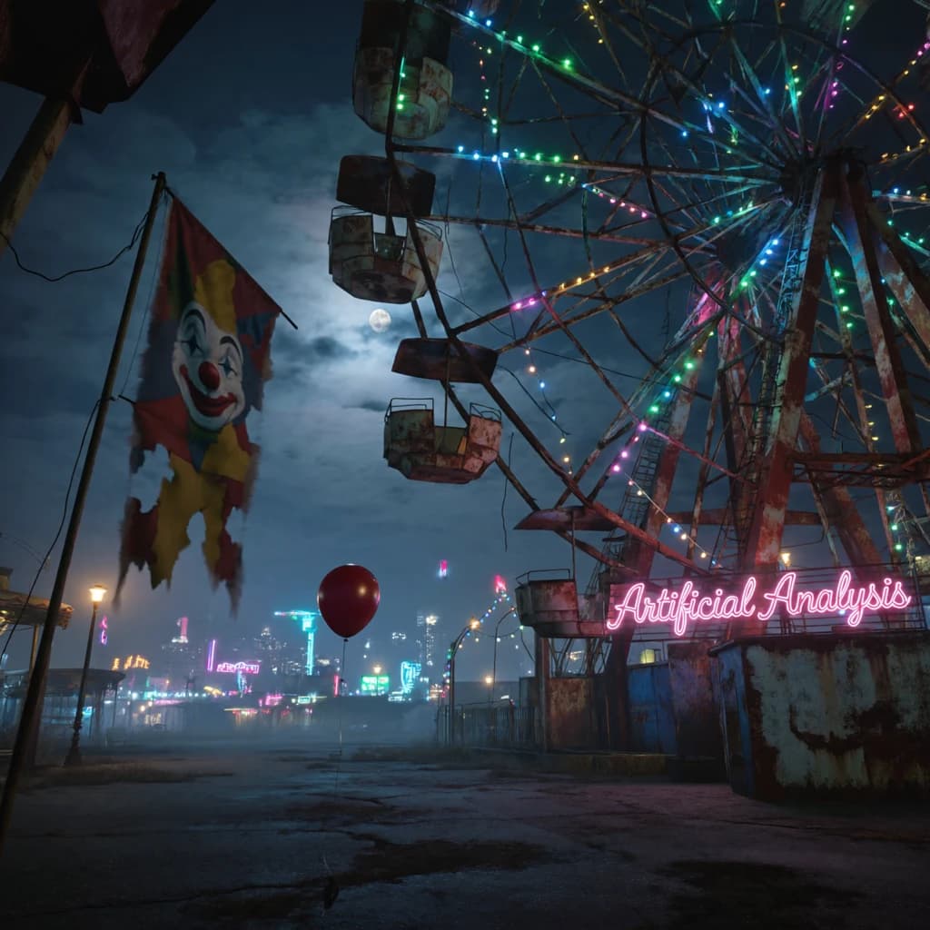 A deserted amusement park glows faintly under a half-moon. The ferris wheel is rusting yet strung with fresh, blinking LED lights. A torn clown banner flaps in a windless air. A lone balloon floats upward, tethered to nothing, while in the far distance city lights flicker on - some neon, some gas lamps as though from another century. 'Artificial Analysis' glows in neon