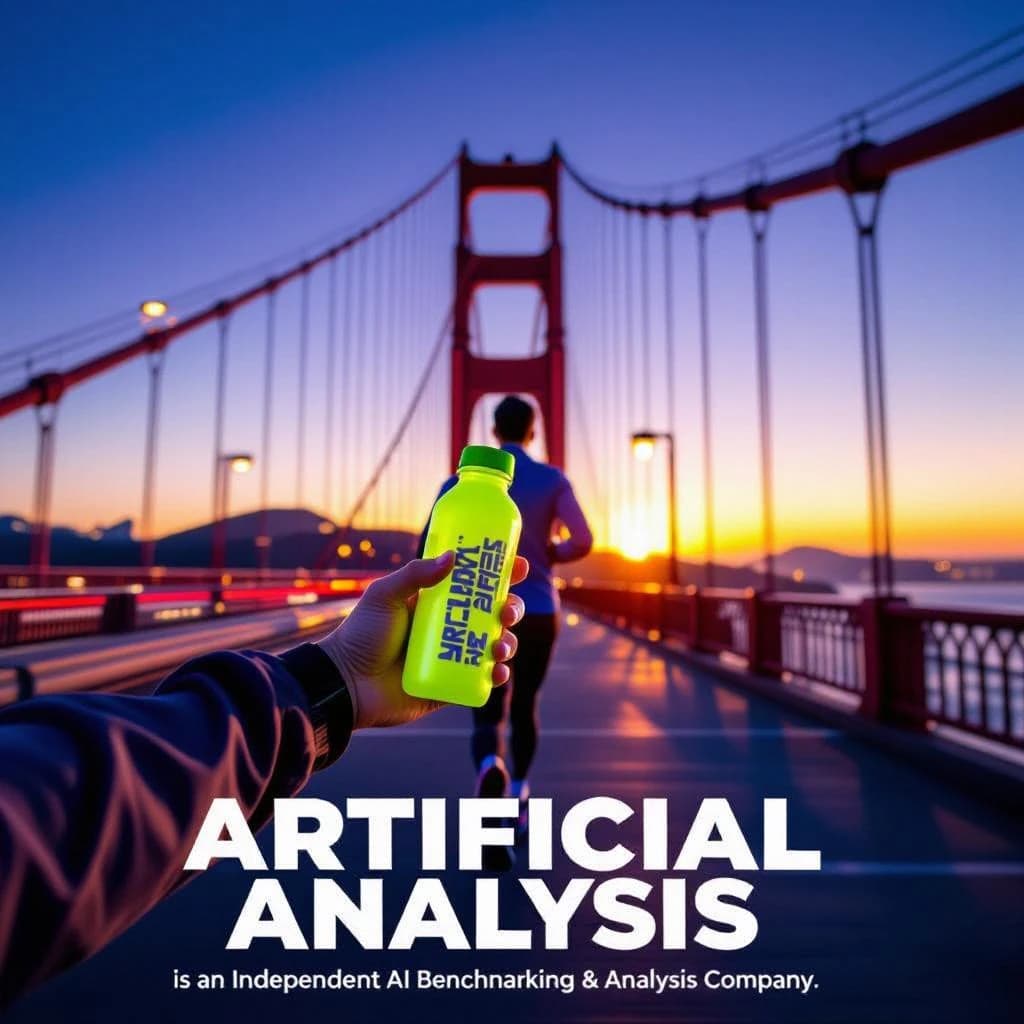 A runner dashes across the Golden Gate Bridge at dawn, sunlight streaming between cables. In their hand, they carry a neon-green sports drink with the brand name Artificial Analysis splashed boldly across the bottle. Motion blur emphasizes speed, while crisp purple sans serif typography overlays the bottom right of the scene with the tagline: Artificial Analysis is an independent AI benchmarking & analysis company