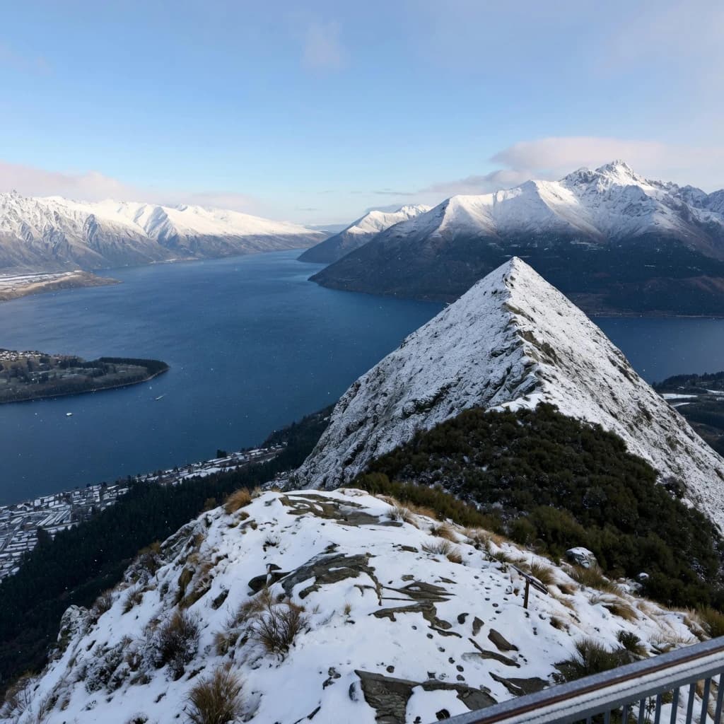 Queenstown's Lake Wakatipu, viewed from the top of Queenstown Hill after a snowstorm just dusted the top of Cecil's Peak