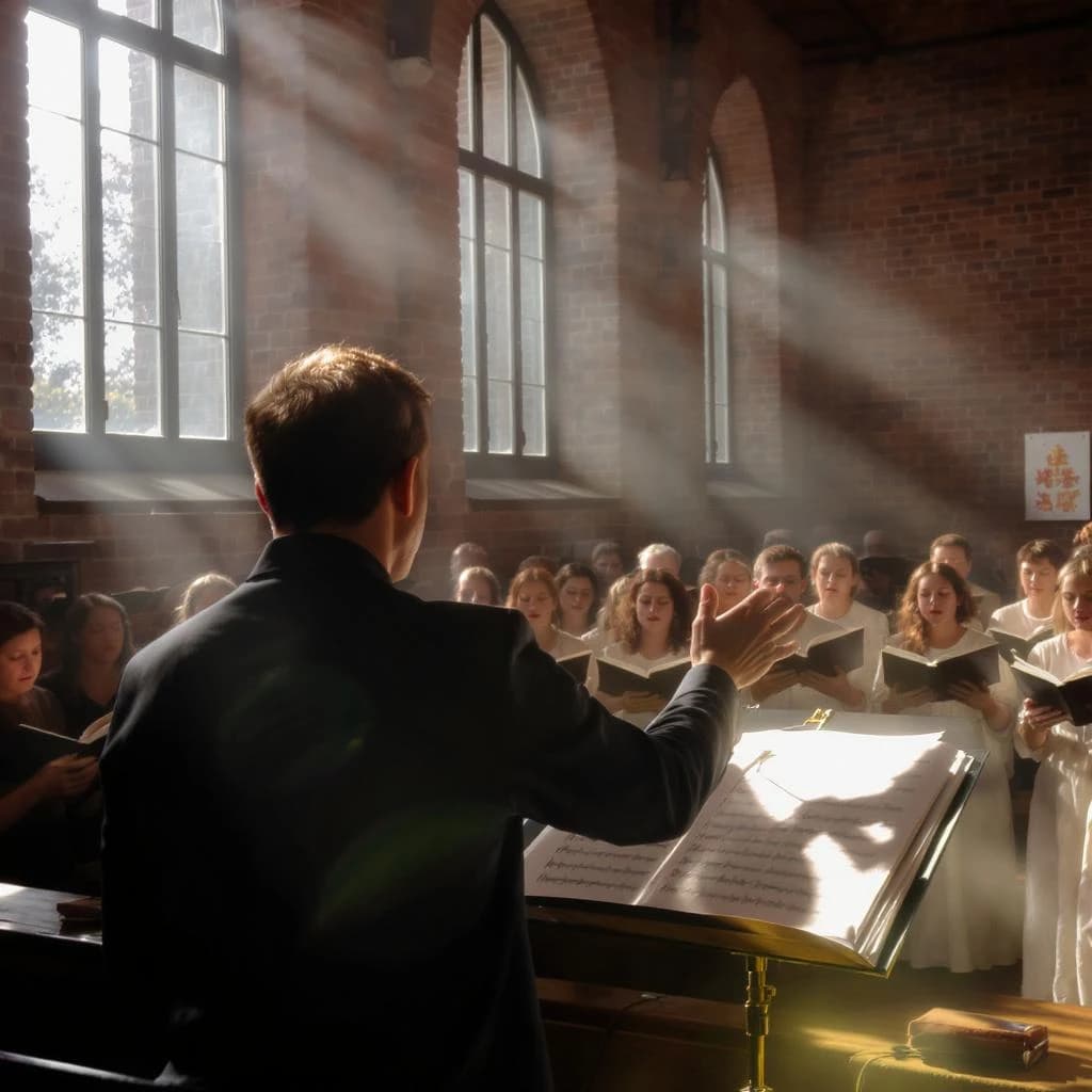 A choir rehearses in a brick hall as somewhat dramatic morning light falls through high windows, with a patient conductor mid-gesture, open scores, intent faces, slight motion blur.