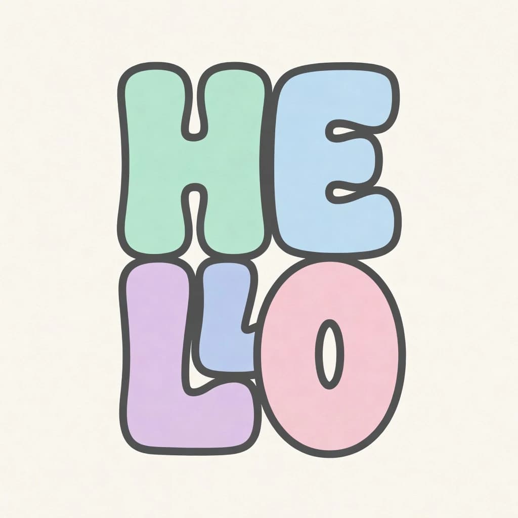 Make a bold bubble-letter poster that says HELLO, pastel palette, thick outline.