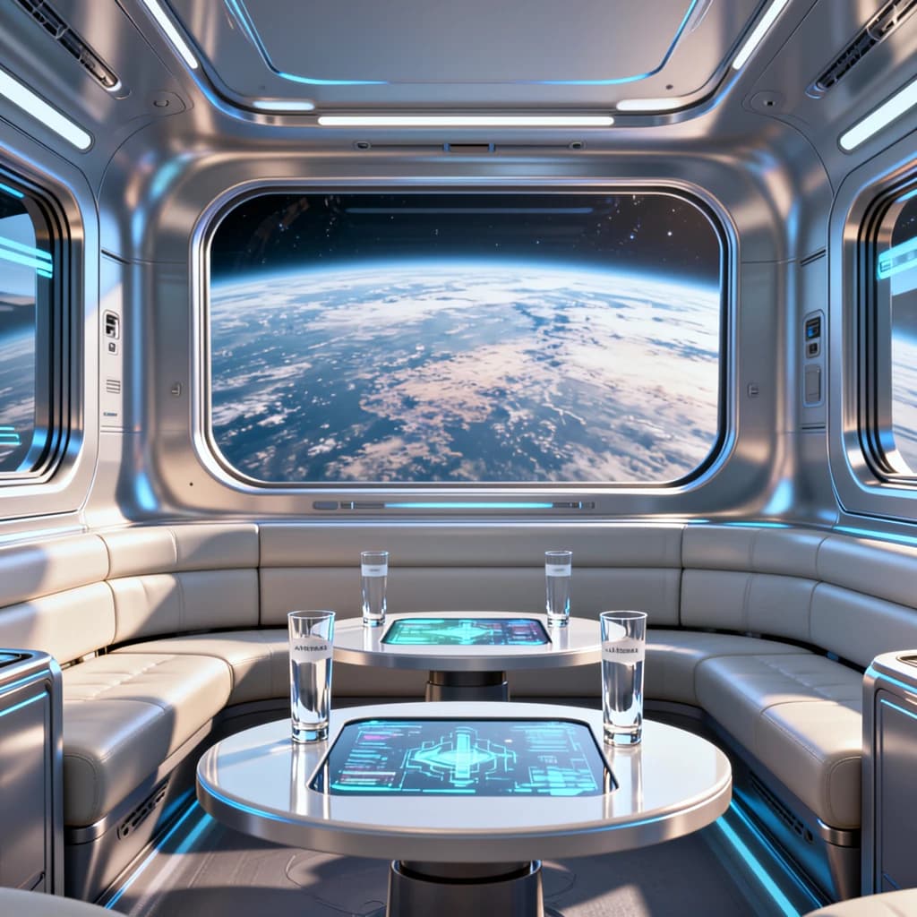 The orbital lounge has brushed aluminum walls and pale leather banquettes. Low white tables are inset with glowing touchscreens. Drinks are clear, flavorless, in tall unmarked glasses. The viewport is floor-to-ceiling, showing Earth moving slowly beneath. The word Artificial Analysis is etched discreetly on the glass in a frosted band.