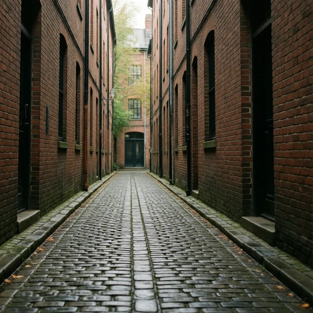 Show a narrow brick alley with wet cobblestones.
