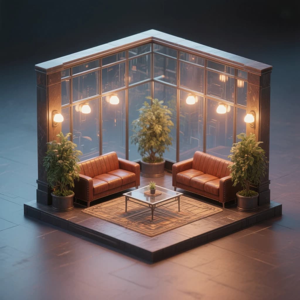 Isometric 3D lobby, glass walls, warm lights, slightly moody, soft shadows.
