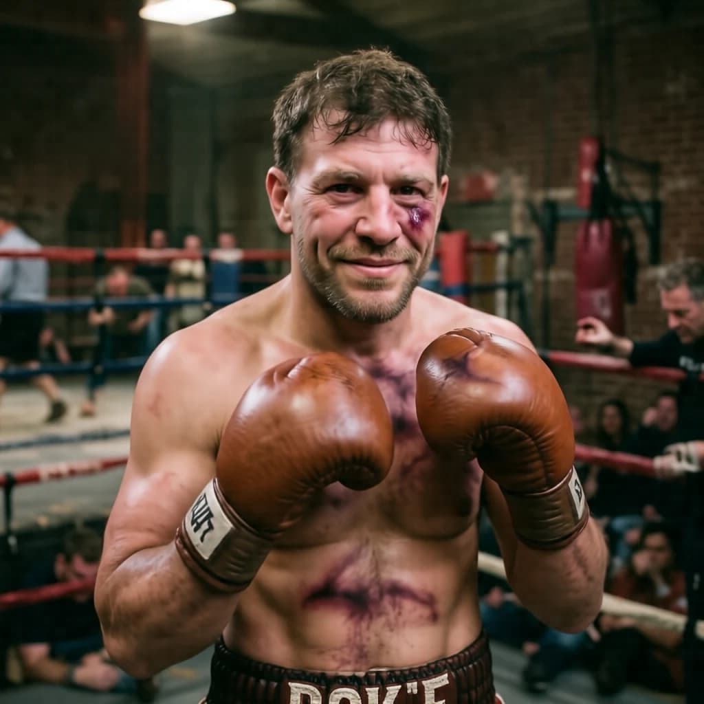 Paint a bruised boxer smiling, serious expression.
