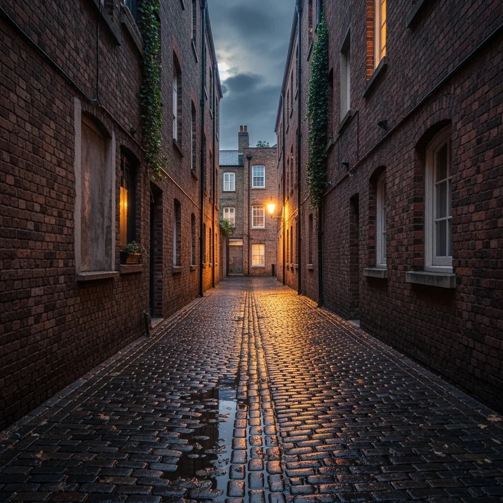 Show a narrow brick alley with wet cobblestones.