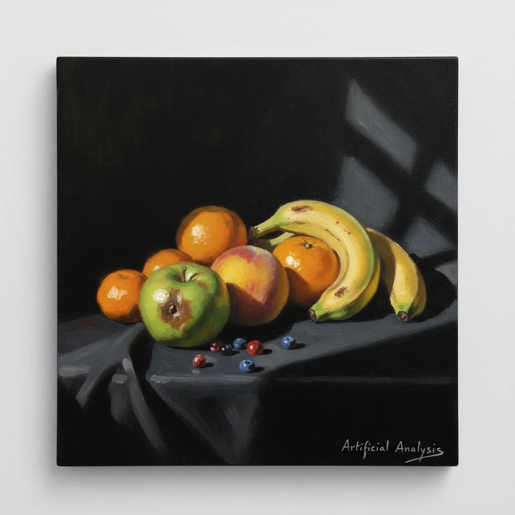 A still life scene painted oil on canvas, comprising various fruits on a black table cloth with striking lighting coming from the right out of frame, creating strong shadows. A bruised green apple is in the foreground, a peach behind it, and behind that a melange of oranges and bananas in various states of ripeness. Berries are strewn in front of the apple. The artist has signed his name "Artificial Analysis" in the bottom right corner in a hurried fashion.