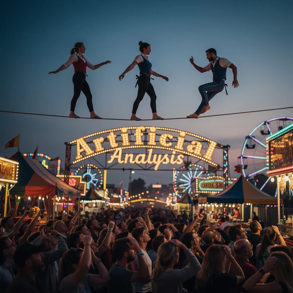 At dusk, high above a carnival crowd, three tightrope walkers balance on a single rope with no aids, one is off balance and grabbing at air. Below, the audience looks upward with baited anticipation. Artificial Analysis is spelled out in the background in carnival lights