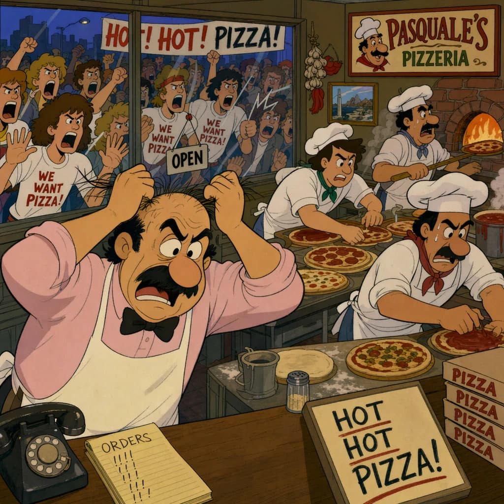 Pasquale is pulling his few remaining hairs out over a disaster at the pizzeria - the cooks are working as fast as they can but the crowds outside are swelling and they demand hot hot pizza! They are banging on the glass and some are wearing "we want pizza" shirts. 1980s western TV animation style.