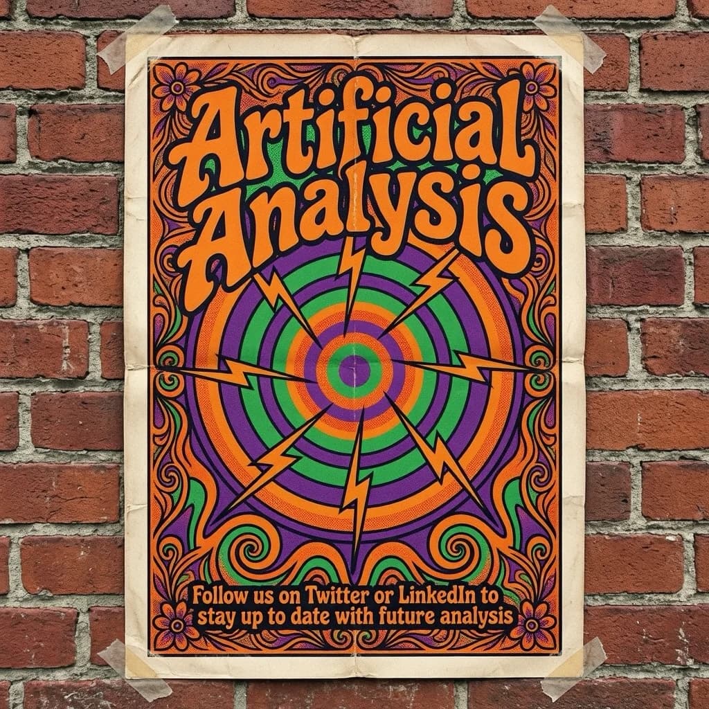 A portrait layout psychedelic concert poster from 1972 bathed in saturated oranges, deep purples, and acid greens. Swirling, hand-drawn typography arcs across the top, spelling out Artificial Analysis in bold, distorted letters that melt into spirals. Surrounded by radiating concentric circles and lightning-bolt motifs. The background is textured with halftone dots and faded paper creases, evoking a well-worn poster taped to a brick wall. Ornate floral borders frame the design, while the bottom features blocky retro lettering listing “Follow us on Twitter or LinkedIn to stay up to date with future analysis” in smaller text. 