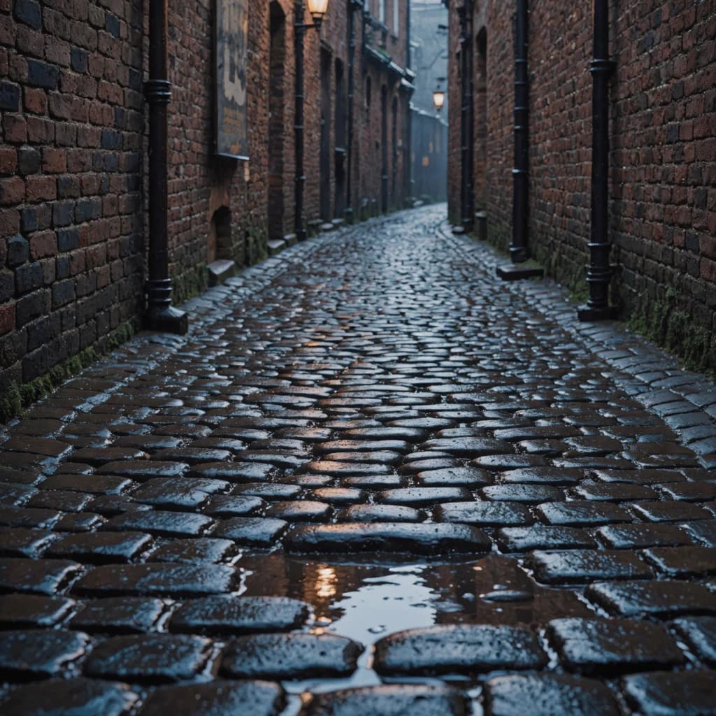Show a narrow brick alley with wet cobblestones.