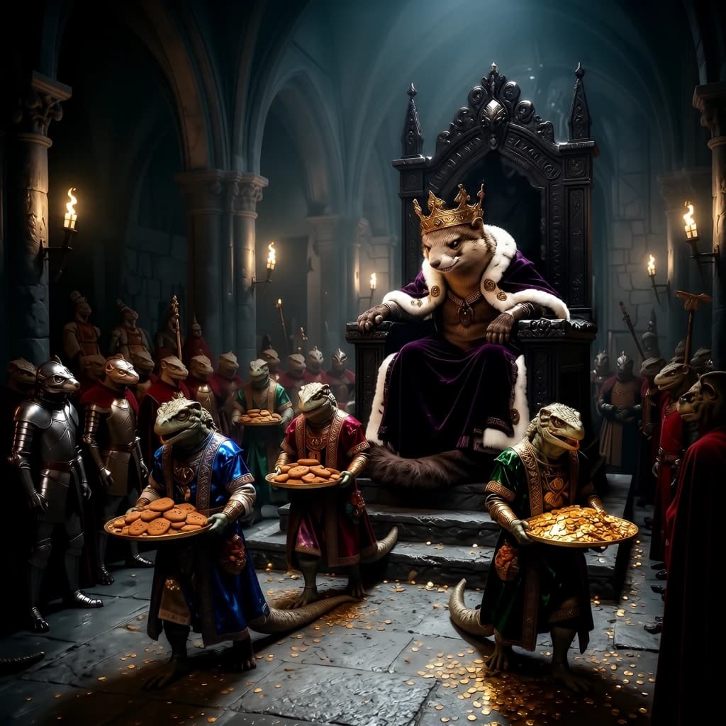 Big Weasel, the tyrannical ruler of the Levitus, slouches on his throne, his mood foul but somewhat brightened by the sight of gifts - a wearisome group of lizard traders adorned in fine silks proceed toward him through the hall with their annual tribute of biscuits, ham and gold - Big Weasel's favourites. Big Weasel's entourage looks on with stern approval.