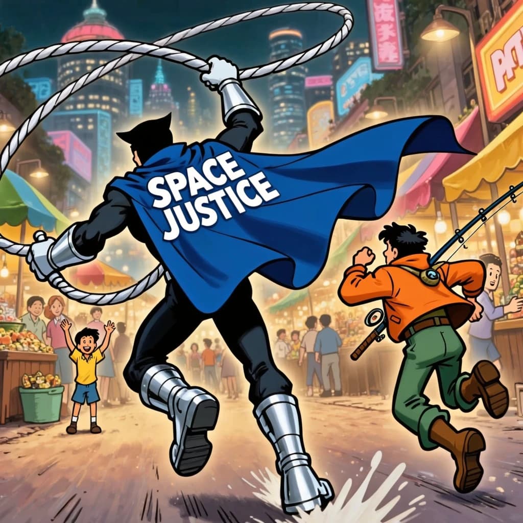 The space cowboy chases the deranged fisherman underneath the causeway, eager to collect on his bounty. Fishing rods and lines hang off the back off the fishermen as he darts between the bustling market crowd. We see the back of the space cowboy in his space poncho emblazoned with the words SPACE JUSTICE, spinning his lasso over his head. A child on the sidelines excitedly cheers the cowboy. 1990s hand drawn anime style with strong fluidity