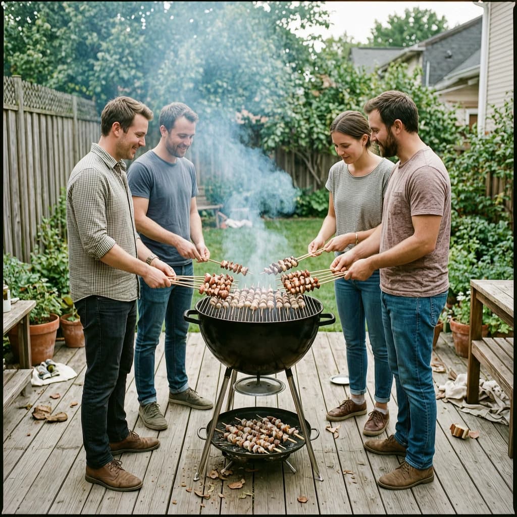 Friends grill skewers on a slightly messy patio.
