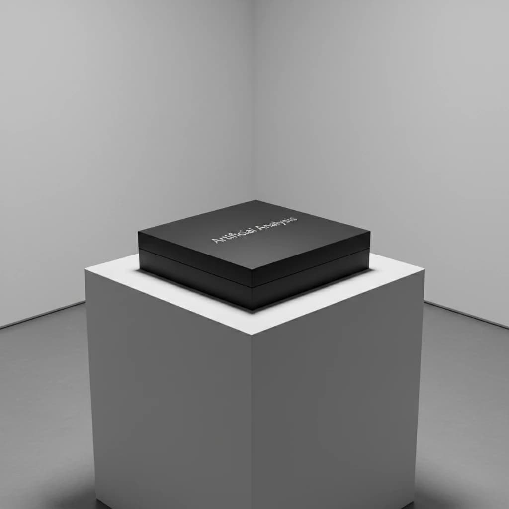 A premium matte black laptop-sized box rests on a pure white pedestal within a gallery space. Overhead, a single spotlight carves sharp contrast, leaving the edges in deep shadow. The brand name Artificial Analysis is embossed in silver foil, glinting faintly as though it were jewelry.