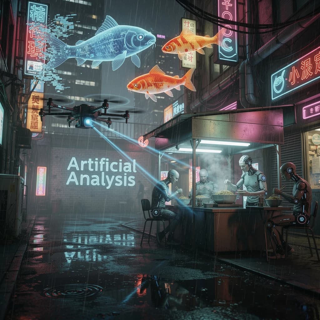 A neon alley in Neo-Tokyo 2142 drips with rain Cybernetic patrons slurp ramen at a stall with their glowing implants humming with blue light. Three giant holographic koi hover 10 metres above the ground and swim across the skyline, one has clipped into a building. A six-prop drone hovers nearby, projecting "Artificial Analysis" onto a wall with blue laser beams visible
