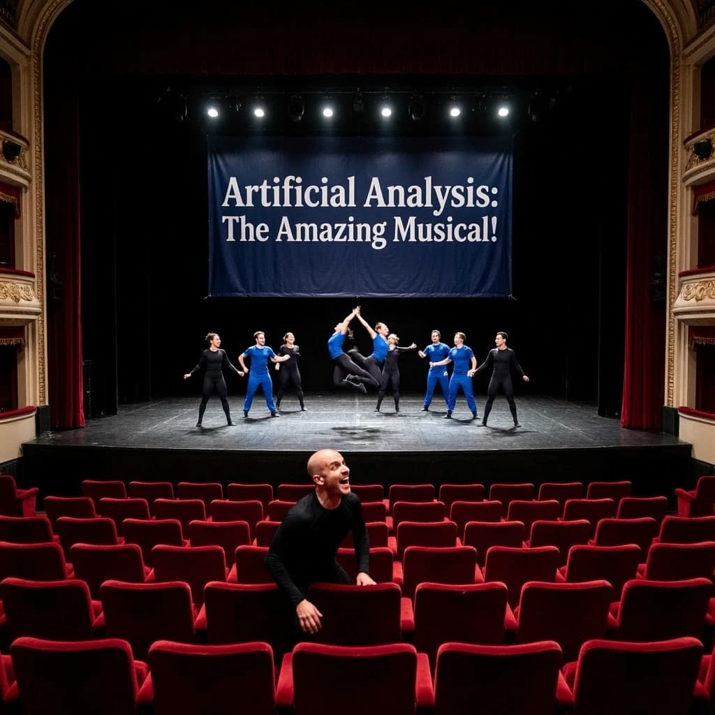 The musical troupe do a rehearsal in a large, empty theatre. 9 people are on the stage, half wear black and the others wear blue. The skinny bald director, seated in the second row, is practically leaping out of their seat with excitement as the leads nail their aerial. A giant banner reading "Artificial Analysis: The Amazing Musical!" is behind the actors.